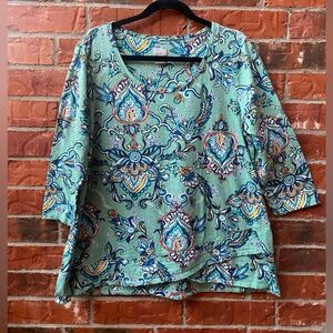 Chico's 2 Womens Large Turquoise Paisley Floral 3/4 Sleeve Casual Nautical Top